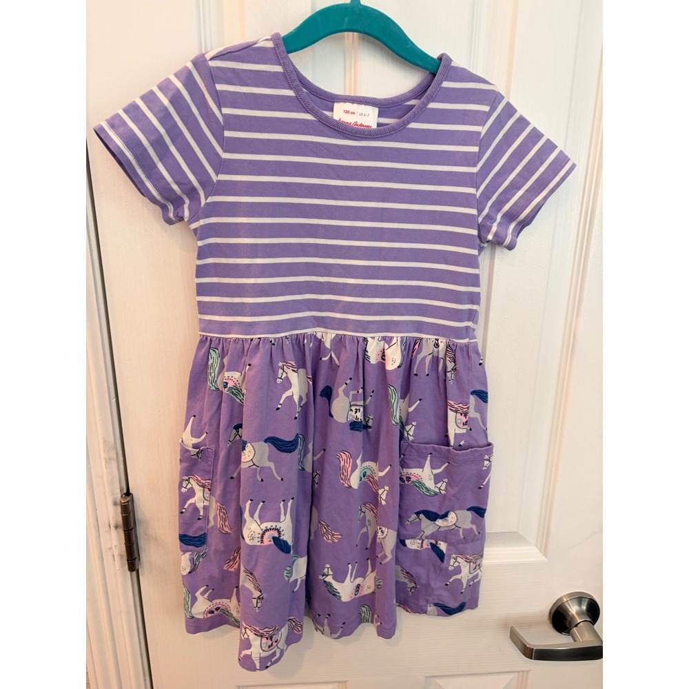 Hanna Andersson Dress Purple Striped Unicorn Print Pocket Play Dress 120 US 6-7